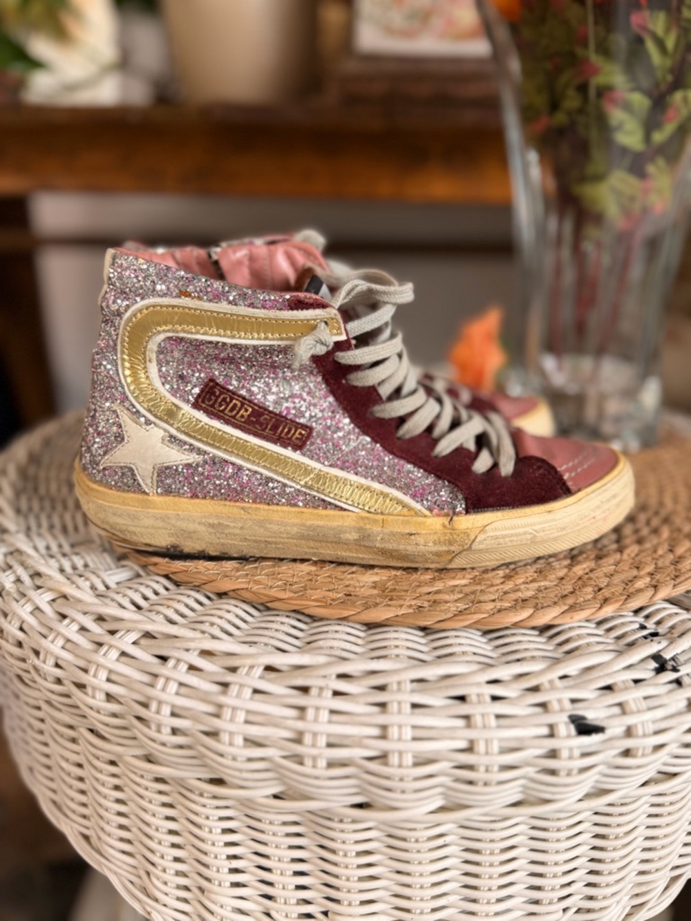 Golden Goose Pink Glitter High-Top Sneakers with Gold Trim and Burgundy Accents
